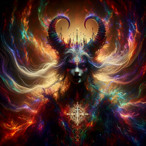 Lucifer as a women with a sigil. 
Dark rainbow theistic chromati...