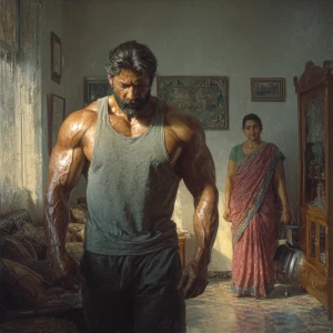 Hyperrealism oil painting  ,a indian  muscular beefy  sweaty man...