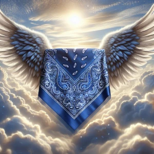 a blue paisley bandana,angel wings, set against a backdrop of et...