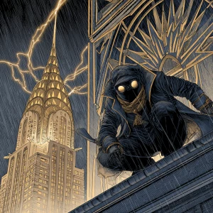 Create an image in manga-style depicting a noir detective crouch...