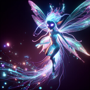 In a world of digital anime, a radiant bioluminescent pixie hove...