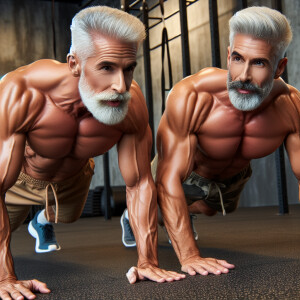 Muscle men doing pushups on a gym mat. Both men are with beards...