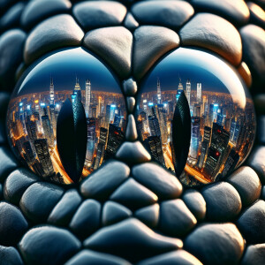Macro, Snake eyes, reflecting the cityscape