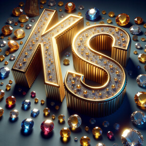 Create a 3-D realistic image with the letters  K.S. in gold raised letters , Add diamonds and colorful jewels