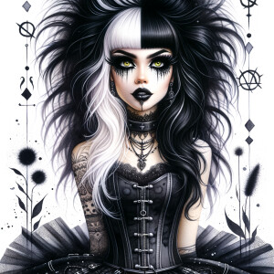 Hyper realistic, watercolor painting, of a mesmerizing goth girl with split black and white hair, vivid greenish gold eyes underneath long wispy black eyelashes, dark goth makeup, heavy metal jewelry, black and buttercream corset top, black tutu, buttercream tights, black platform boots, full body image, white background with anarchy symbols