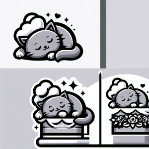 A gray kitten with a chef hat on its head sleep on a wedding cak...