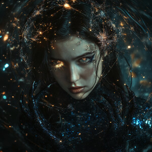 Create an ultra-realistic, eye-level portrait photo of a cosmic...