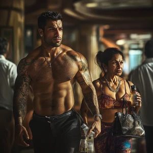 realism-photo fantasy,A sweaty tattoed muscular  man walking wit...