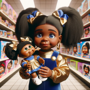 Create a 3-D image of an african-American little girl inside of a medium size, toy store. The little girl has thick long, ponytails and huge blue eyes. She has on a gold and blue jumpsuit with matching bows, She is playing with her favorite african-American cabbage patch doll, the doll has deep, dimples, and freckles and looks just like her