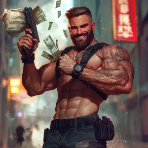 White muscular thin man with beard, big chin, smile and cheekbon...