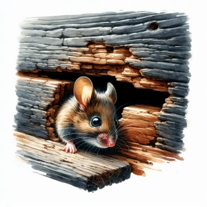 mouse peeking through a hole in dark wood baseboard, watercolor,...