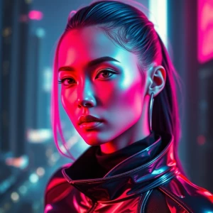 Portrait of a futuristic character wearing a sleek metallic outf...