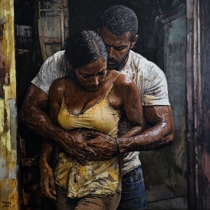 realism art,a muscular sweaty man carrying his 51 year old kerel...