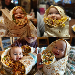 My baby Lara inside a burrito with her face smiling
