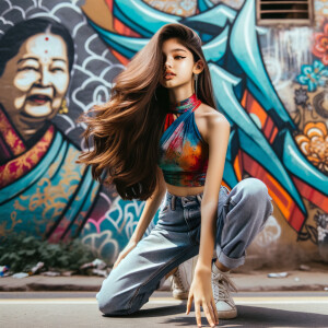 teenage girl, long brown hair and bangs, wearing tight skinny jeans and a halter top paint marks on her clothing, heroic pose Asian graffiti background, nearing on one knee