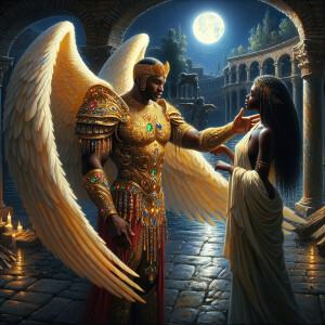 Create an oil painting image featuring a male angel and a grievi...