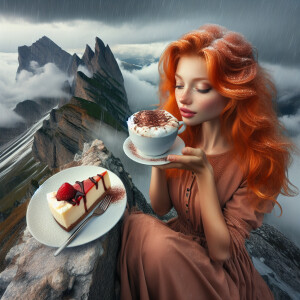 Ginger girl eating Cheesecake with cap of cappuccino on the top...