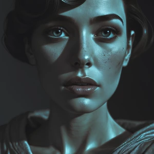 Ultra-realistic noir portrait of a mysterious woman, elegant vin...