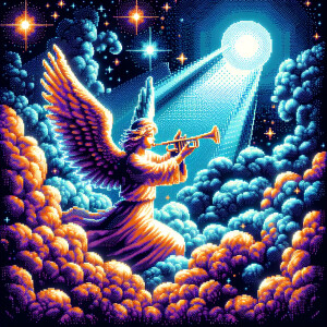 An angel playing a trumpet in the clouds cover, ultra-detailed p...