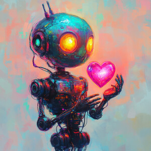 A whimsical robot with a bright, glowing heart held in its hands...