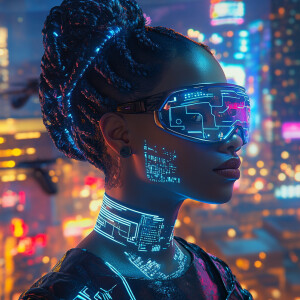 Afrofuturistic cyberpunk portrait, strong dark-skinned woman wit...