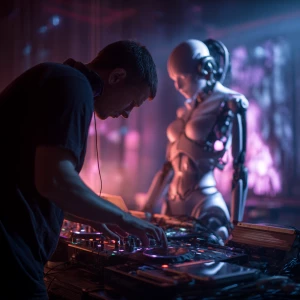 Anyma, a DJ, is positioned in front of his high-tech DJ equipmen...