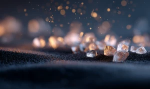 A minimalist Japanese scene with tiny glowing crystals scattered...