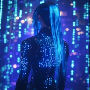 In the heart of a neon-lit cyber metropolis, a glamorous cybercr...