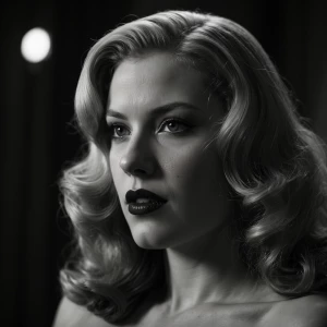 Create a high-detail, black-and-white portrait of a superheroine...