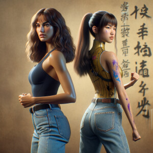 Athletic Thin skinny Attractive, Asian teenage girl, long brown hair and bangs, wearing tight skinny jeans and a halter top paint marks on her clothing, heroic pose Asian graffiti background,  backside view