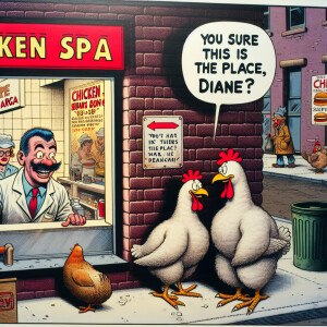 Cartoon panel, man with mustache, white coat, peeking from KFC w...