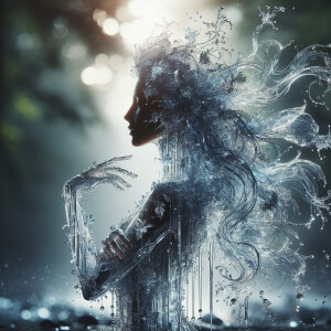 Create A scene depicting a transparent female figure formed by w...