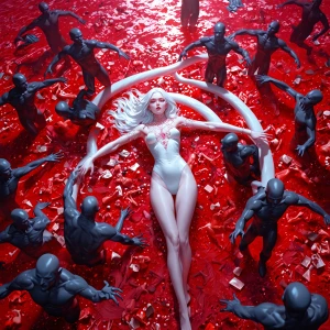 A beautiful  vampire woman with long metallic white  hair wearin...