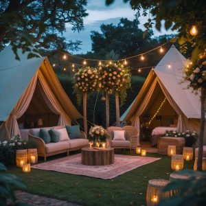 Design a luxurious glamping party setup in an enchanting garden...