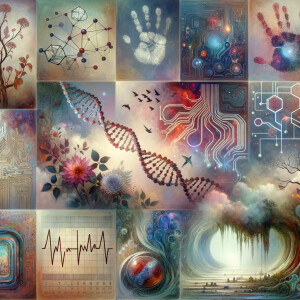 circuitry, diagrams Cellular structures, DNA, circuit boards, colorful wires,  asian and Egyptian  graffiti, lie detector graphs, cardio, printout , branches infinity sign, cave, Art, handprints, distant birds flying, flowering vines, abstract gestural painting, dna