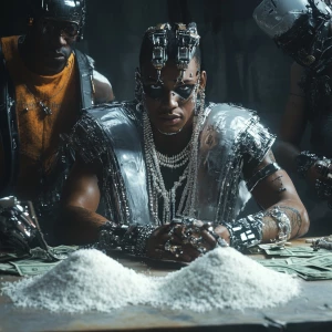 Cyborg's dressed in hip-hop clothing and jewelry standing around...