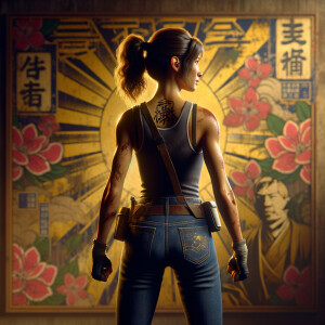 Athletic Thin skinny Attractive, Asian teenage girl, long brown hair and bangs, wearing tight skinny jeans and a halter top paint marks on her clothing, heroic pose Asian graffiti background, backside view