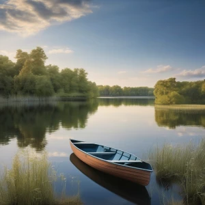 A calm lake reflecting a clear blue sky, with a small rowboat floating near the shore.