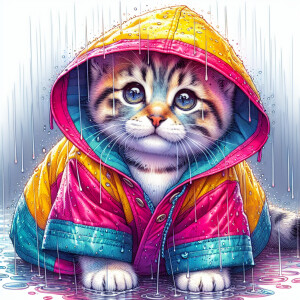 A cat in a raincoat standing in the rain. The cute cat is wearin...