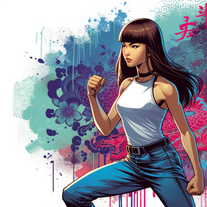 Athletic Thin skinny Attractive, Asian teenage girl, long brown hair and bangs, wearing tight skinny jeans and a halter top paint marks on her clothing, heroic pose Asian graffiti background