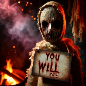 Creepy beautiful  doll with burlap mask that makes her look evil...