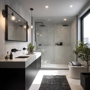 Design a modern small black and white bathroom with matte black...