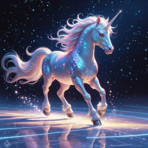 A shimmering, mystical unicorn creature glides gracefully across...