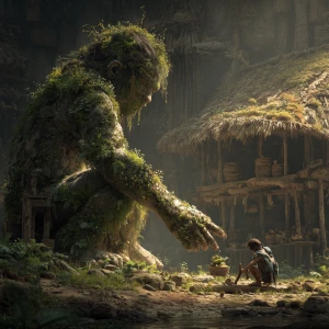 A cinematic, hyper-detailed continuation. The colossal moss-cove...