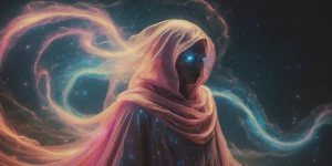 A mesmerizing nebula navigator, its form a swirl of vibrant colo...