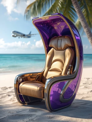 A futuristic luxury airplane seat placed on a tropical beach, ci...