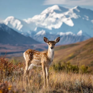 Freckles the baby fawn stands in the vast tundra meadow with Mou...