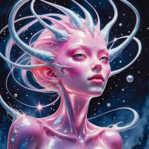 In a shimmering watercolor painting, a telekinetic alien beams w...