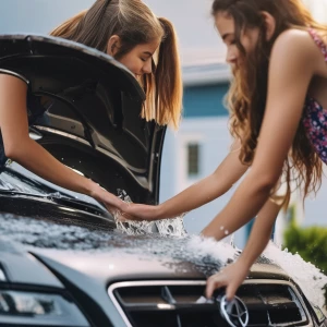 Cute teenage girls washing car