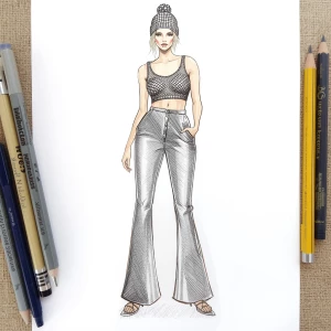 sketch hand  drawing with pencil and markers of a model fashion-...